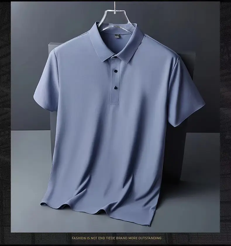 Men Blue Ice Silk Polo T-Shirt Short Sleeve - Image 9