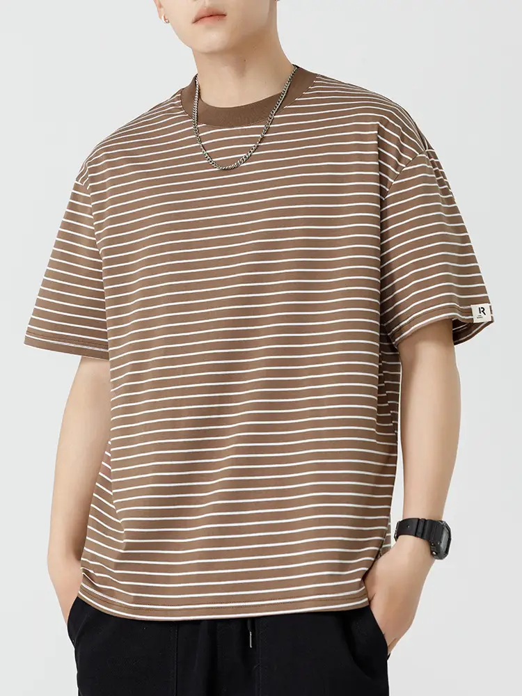 Qi Haipeng Striped T-Shirt Brown Striped Couple Wear Summer - Image 8