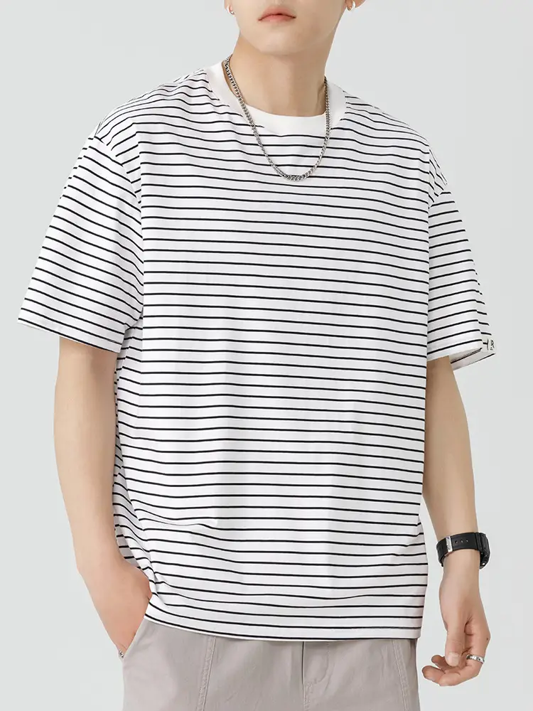 Qi Haipeng Striped T-Shirt Brown Striped Couple Wear Summer - Image 9