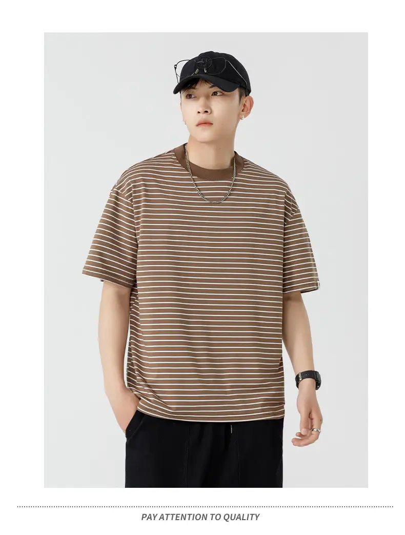 Qi Haipeng Striped T-Shirt Brown Striped Couple Wear Summer — feature 24