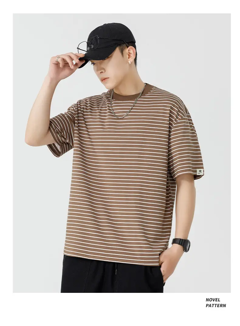 Qi Haipeng Striped T-Shirt Brown Striped Couple Wear Summer — feature 25