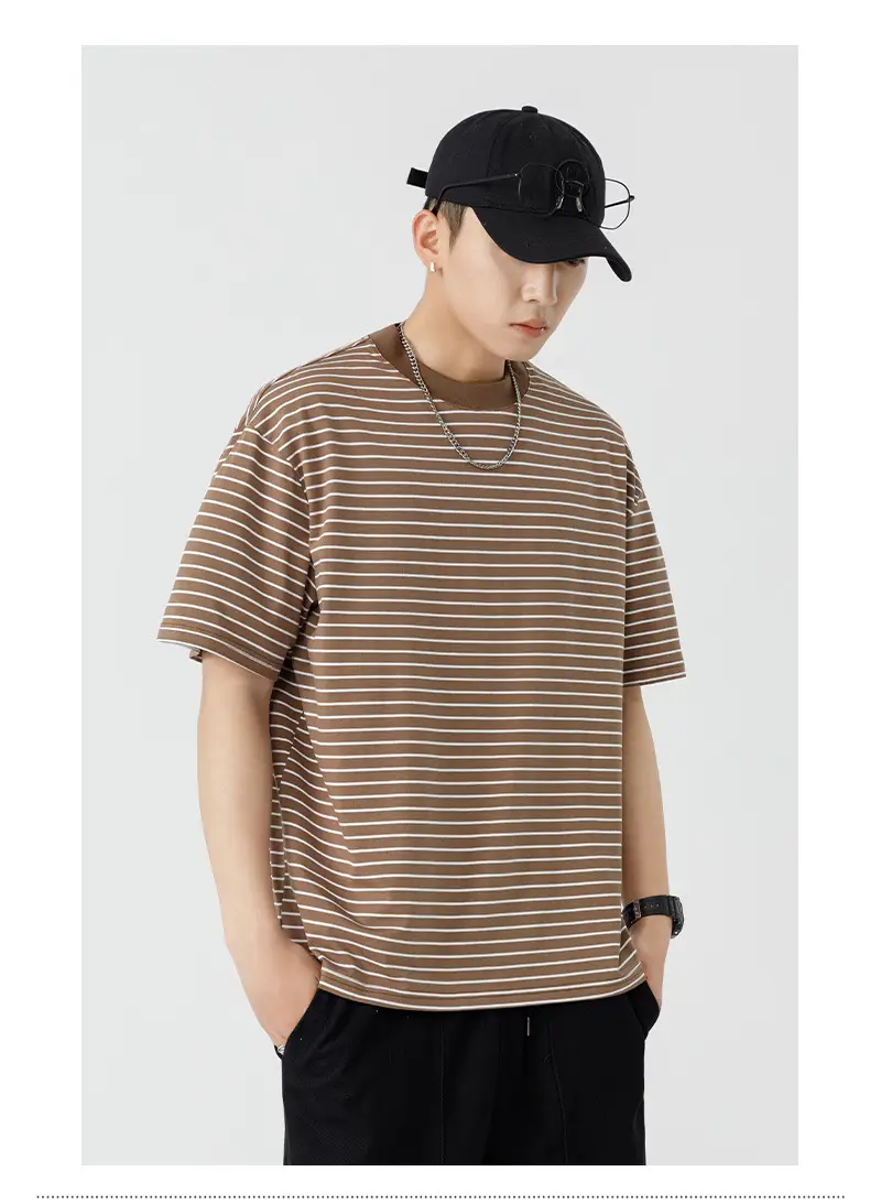Qi Haipeng Striped T-Shirt Brown Striped Couple Wear Summer — feature 26