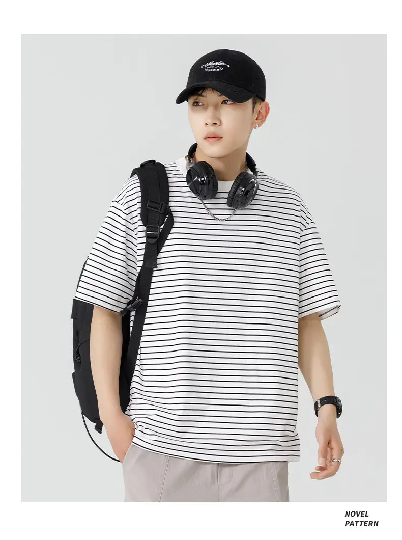 Qi Haipeng Striped T-Shirt Brown Striped Couple Wear Summer — feature 33