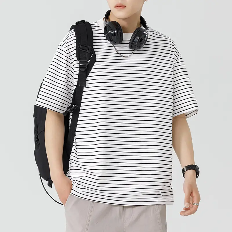 Qi Haipeng Striped T-Shirt Brown Striped Couple Wear Summer - Image 2