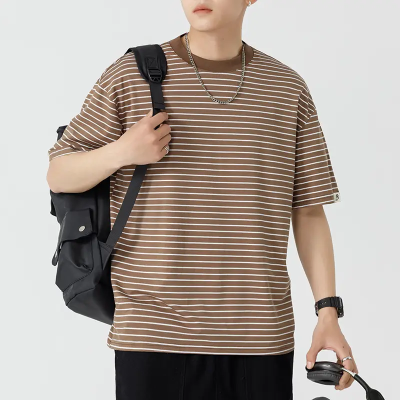 Qi Haipeng Striped T-Shirt Brown Striped Couple Wear Summer - Image 3