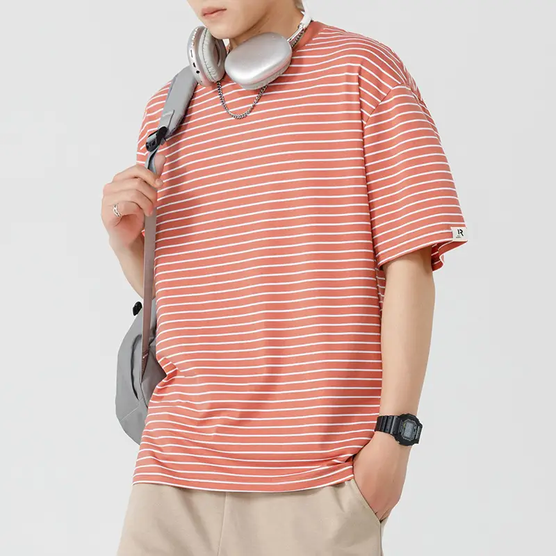Qi Haipeng Striped T-Shirt Brown Striped Couple Wear Summer - Image 4