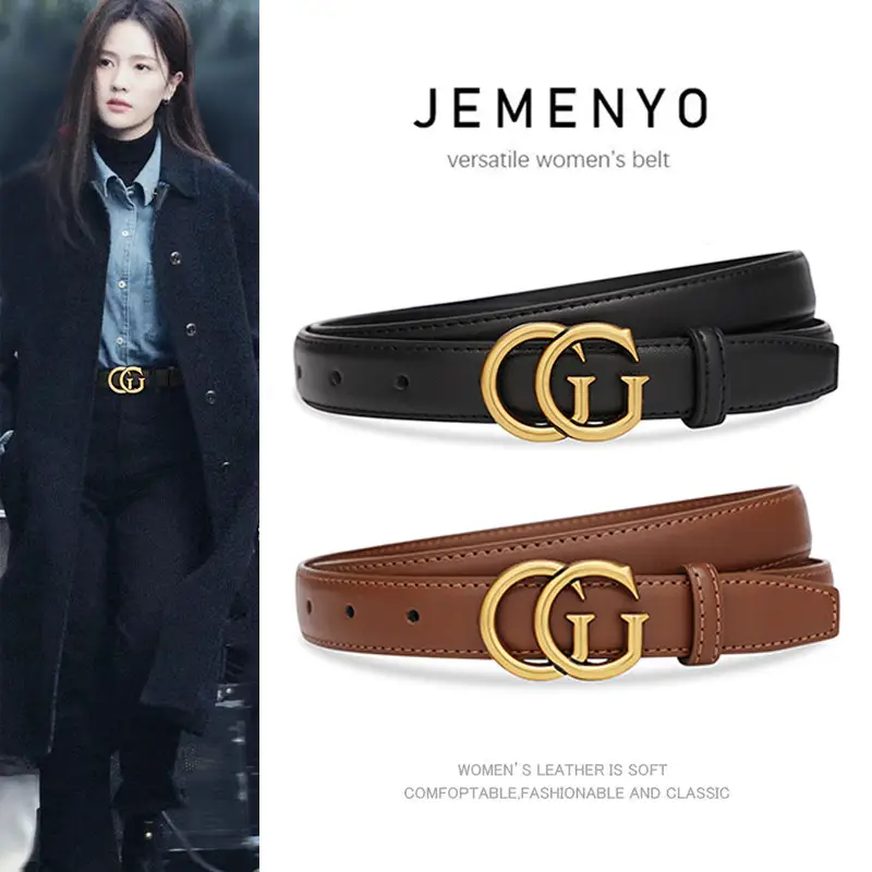 Women's Leather Belt Black Brown Gold Logo - Image 7