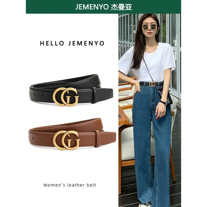 Women's Leather Belt Black Brown Gold Logo - Image 9