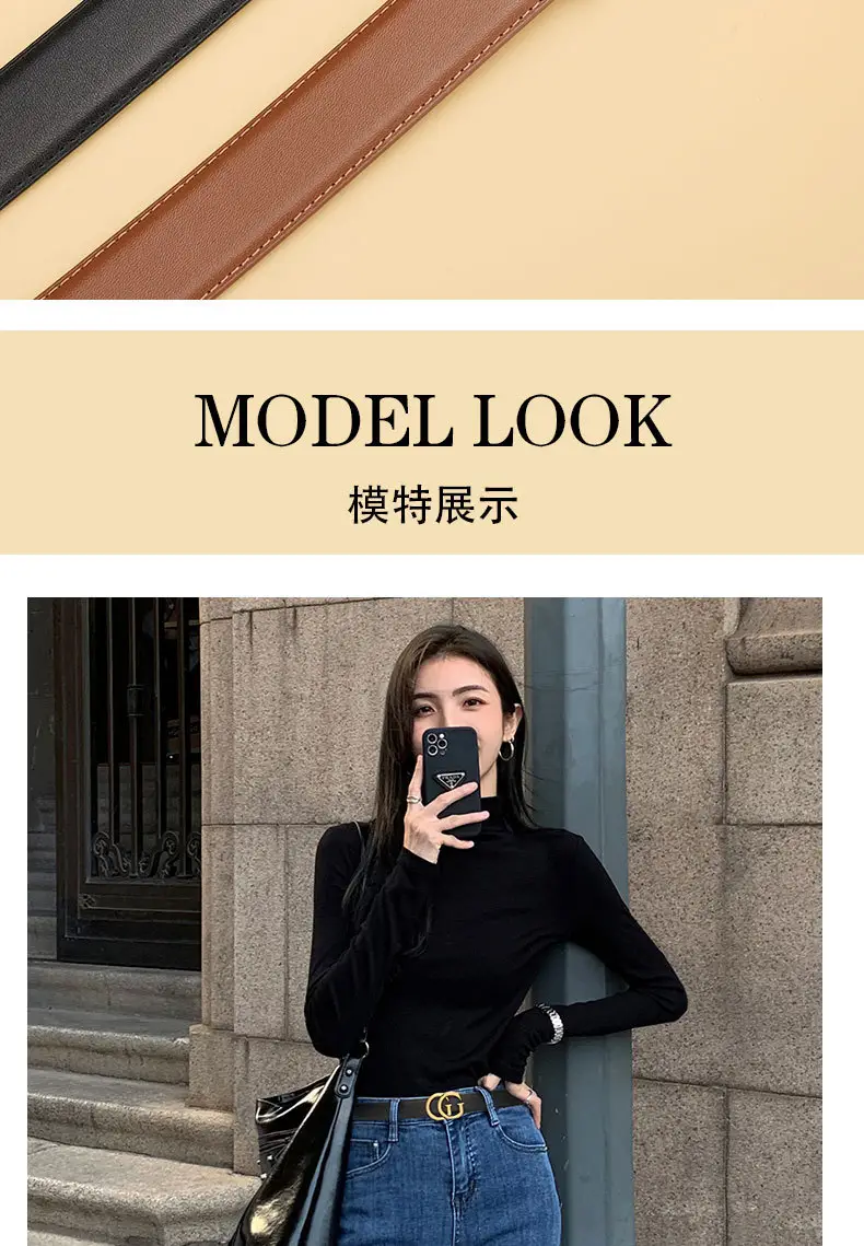 Women's Leather Belt Black Brown Gold Logo — feature 2
