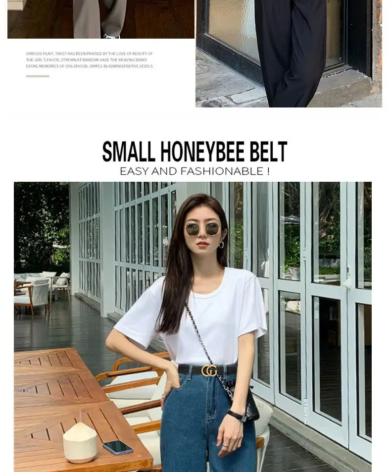 Women's Leather Belt Black Brown Gold Logo — feature 5