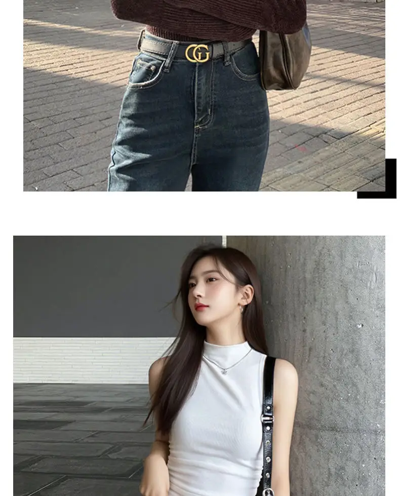 Women's Leather Belt Black Brown Gold Logo — feature 9