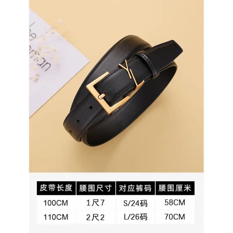 Yangshulin Women's Black Leather Belt with Gold Buckle