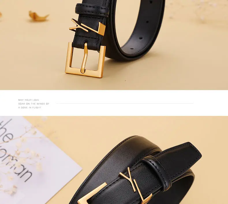 Yangshulin Women's Black Leather Belt with Gold Buckle — feature 16