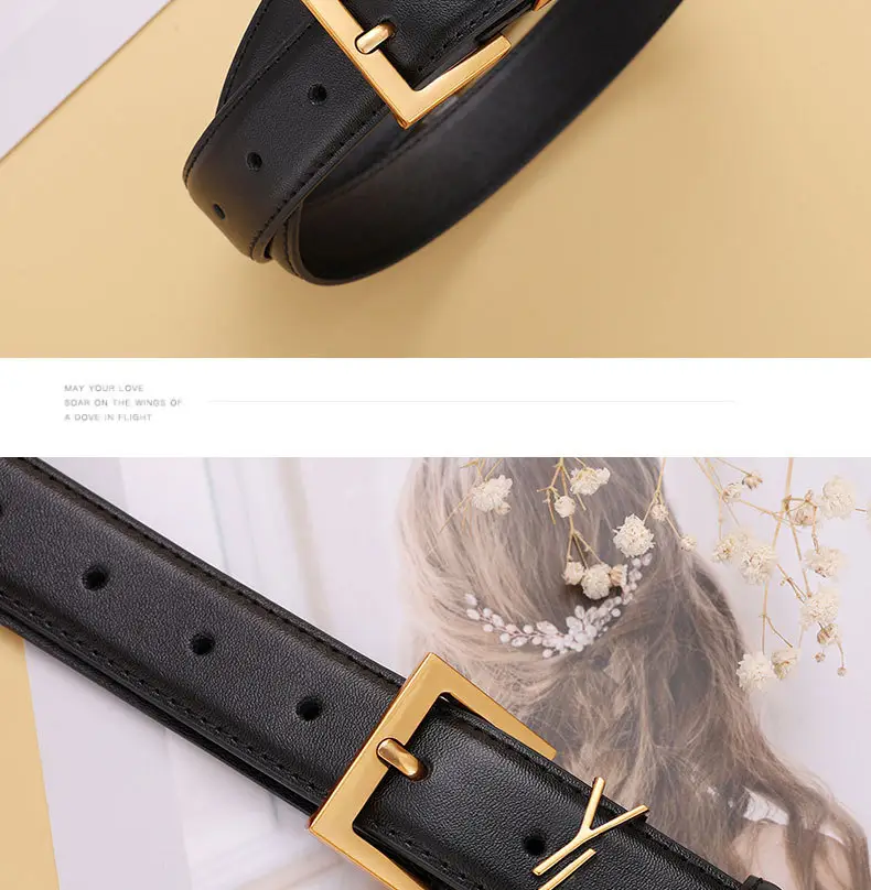 Yangshulin Women's Black Leather Belt with Gold Buckle — feature 17