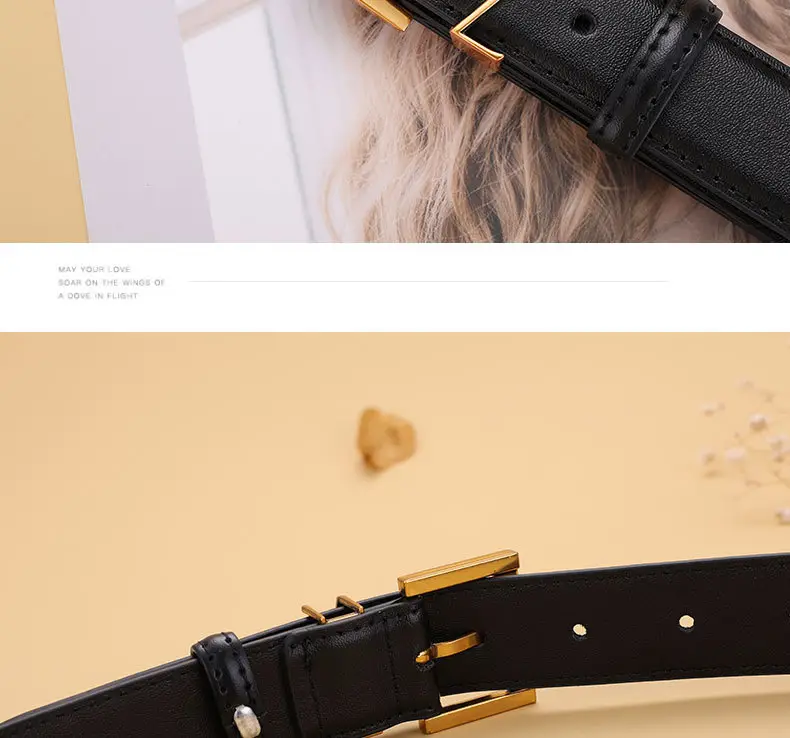 Yangshulin Women's Black Leather Belt with Gold Buckle — feature 18