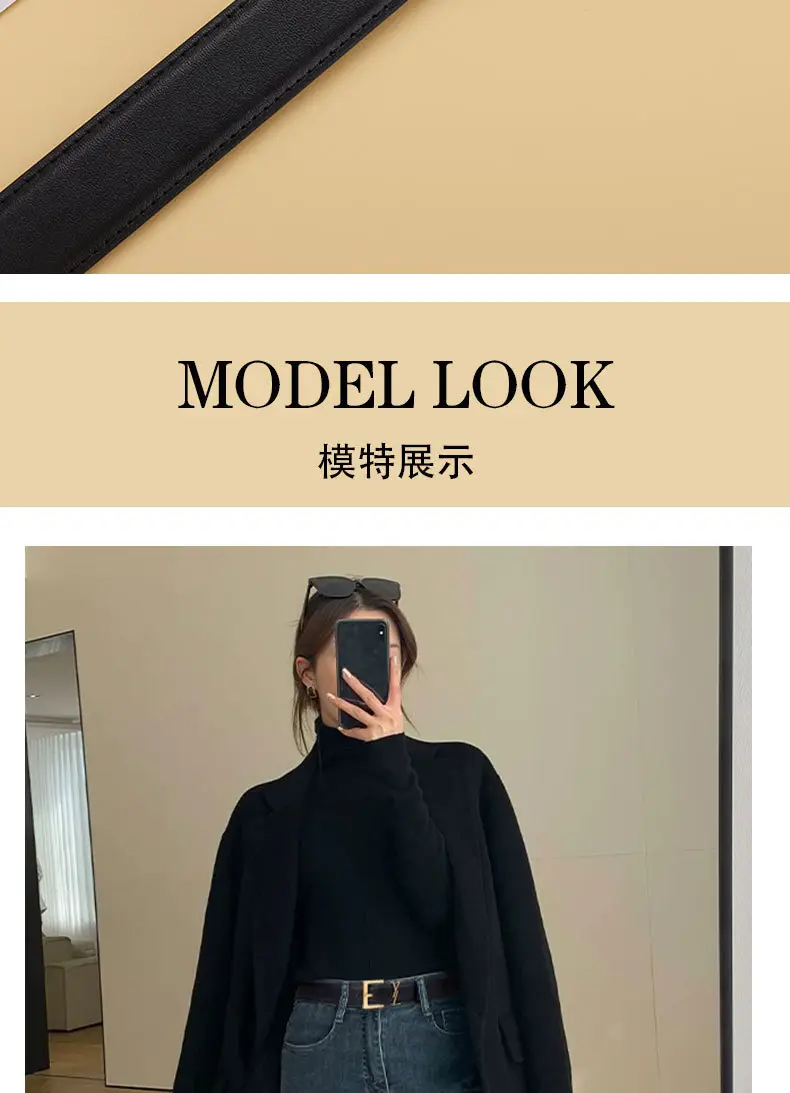 Yangshulin Women's Black Leather Belt with Gold Buckle — feature 3