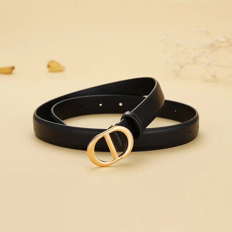 Women's Black & Brown Leather Belt with Gold Logo - Image 7
