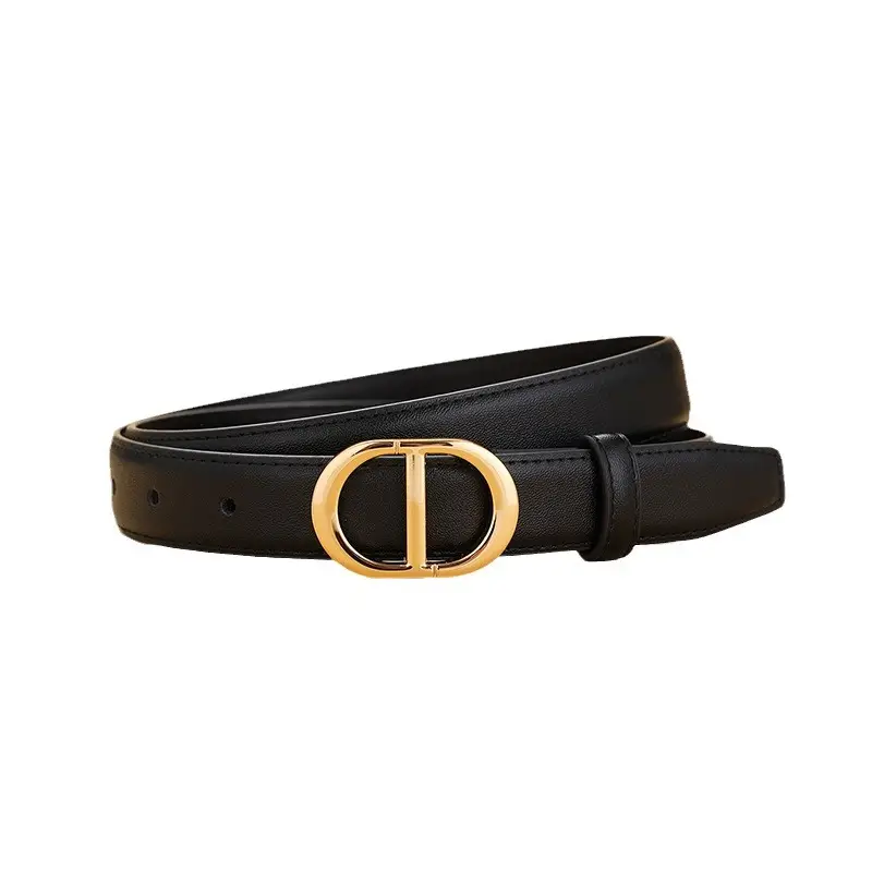Women's Black & Brown Leather Belt with Gold Logo - Image 8