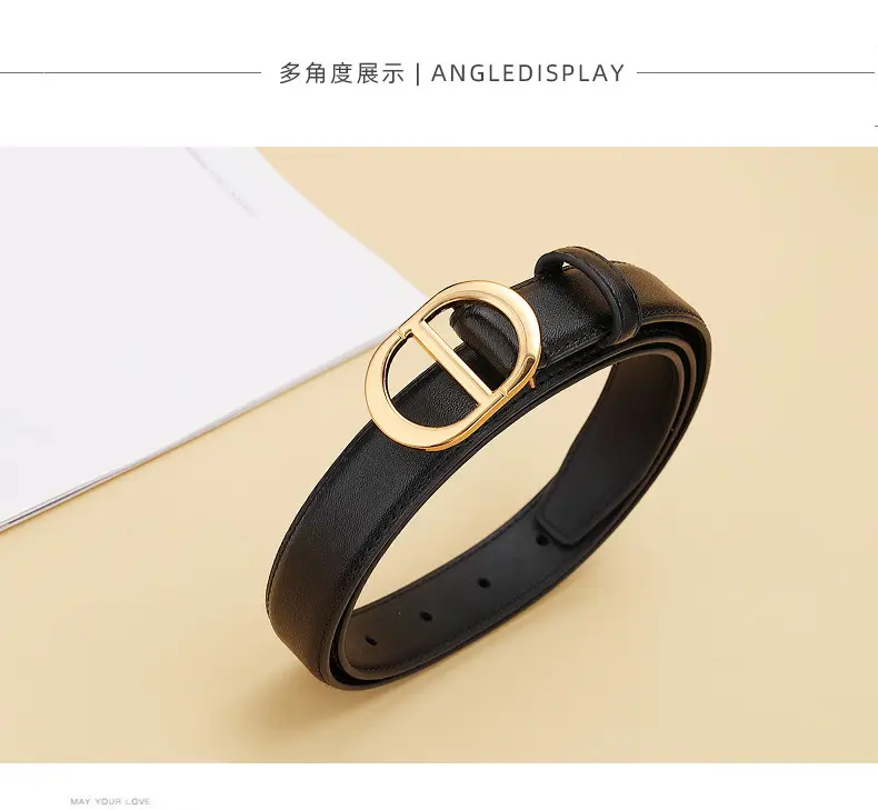 Women's Black & Brown Leather Belt with Gold Logo — feature 16