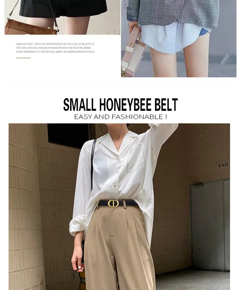 Women's Black & Brown Leather Belt with Gold Logo — feature 6