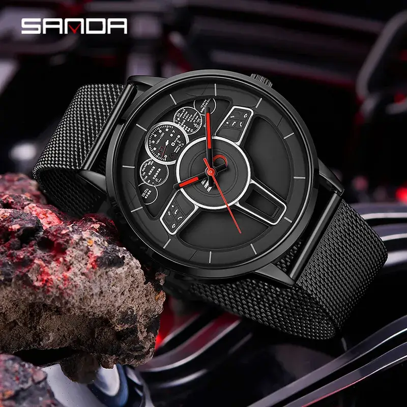 Men's Stereo Cut Out Quartz Watch with Stainless Steel Band - Image 6