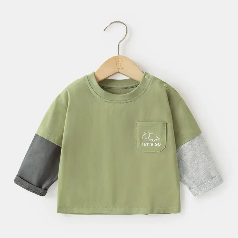 Baby Two-In-One Long Sleeve T-Shirt White Green Spring Outfit - Image 3