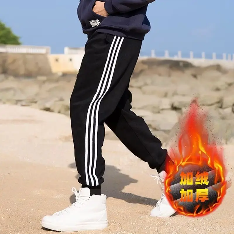Men Velvet Leggings Three Stripe Black Sweatpants - Image 8