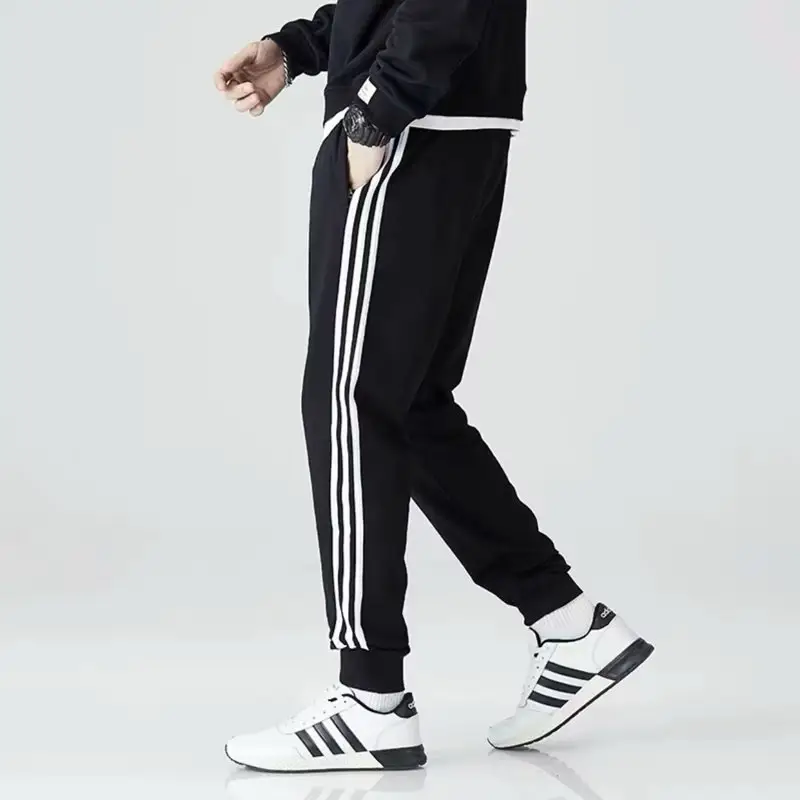 Men Velvet Leggings Three Stripe Black Sweatpants - Image 2