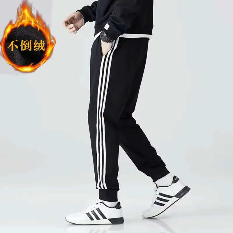 Men Velvet Leggings Three Stripe Black Sweatpants - Image 4