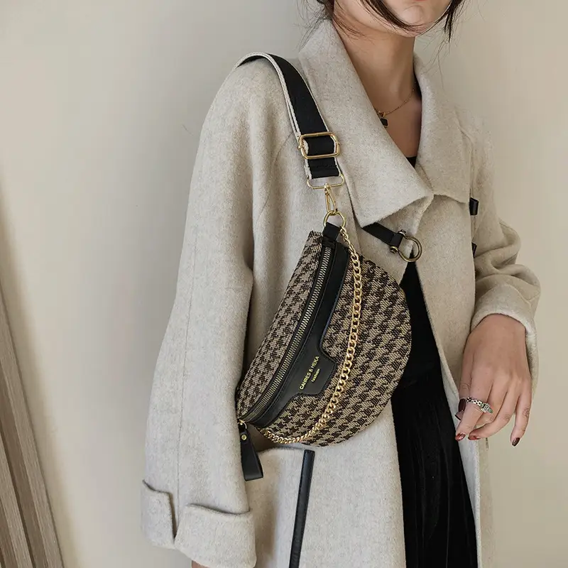 Women's Houndstooth Canvas Waist Bag with Gold Chain - Image 8