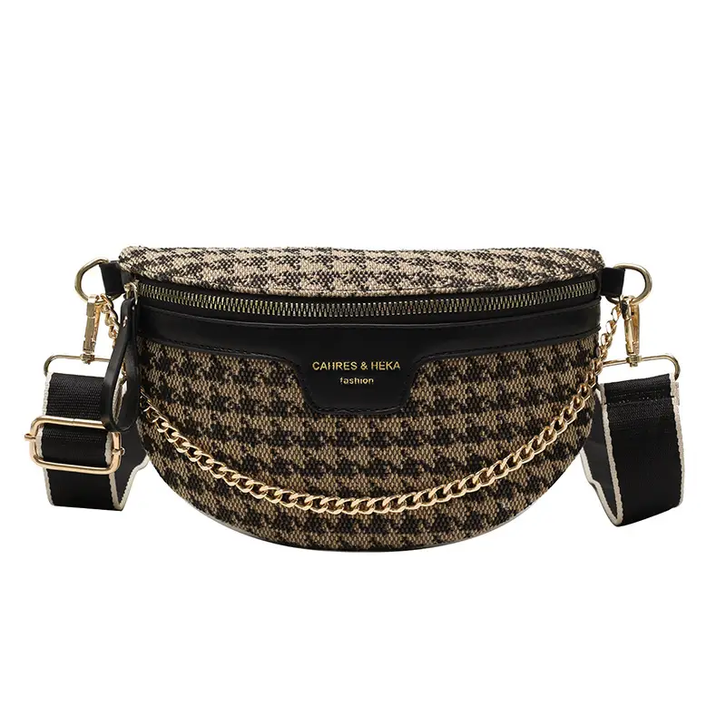 Women's Houndstooth Canvas Waist Bag with Gold Chain - Image 9