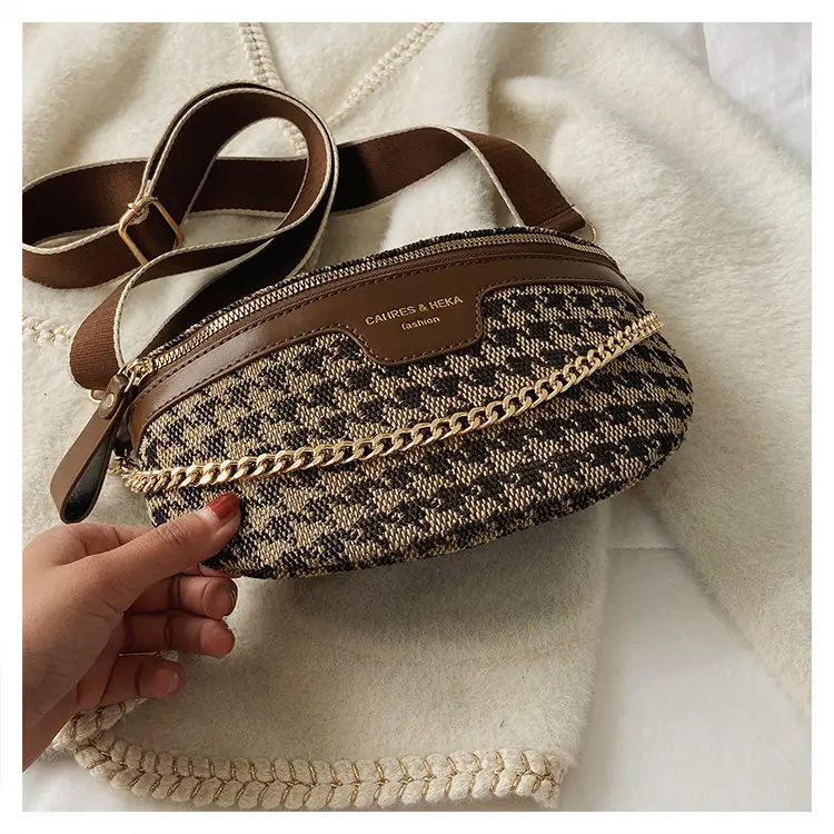 Women's Houndstooth Canvas Waist Bag with Gold Chain — feature 12