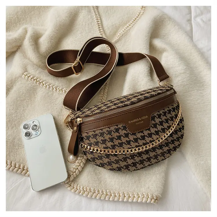Women's Houndstooth Canvas Waist Bag with Gold Chain — feature 14