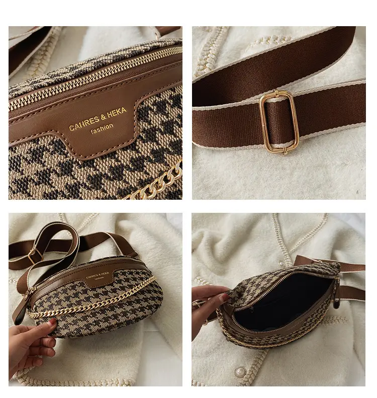 Women's Houndstooth Canvas Waist Bag with Gold Chain — feature 16