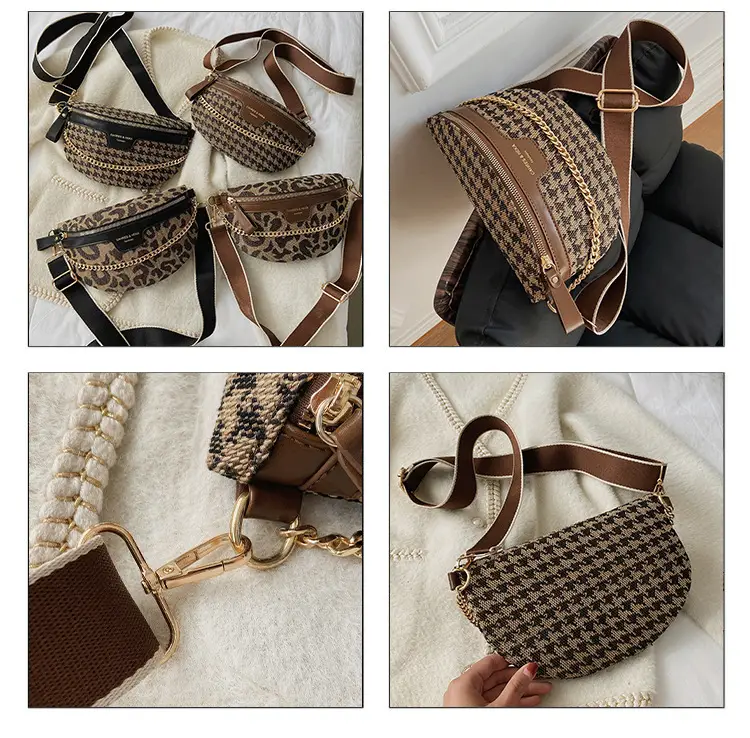 Women's Houndstooth Canvas Waist Bag with Gold Chain — feature 17