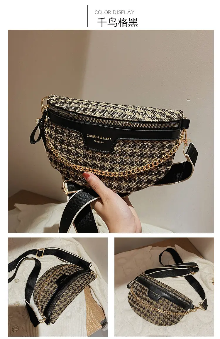 Women's Houndstooth Canvas Waist Bag with Gold Chain — feature 18