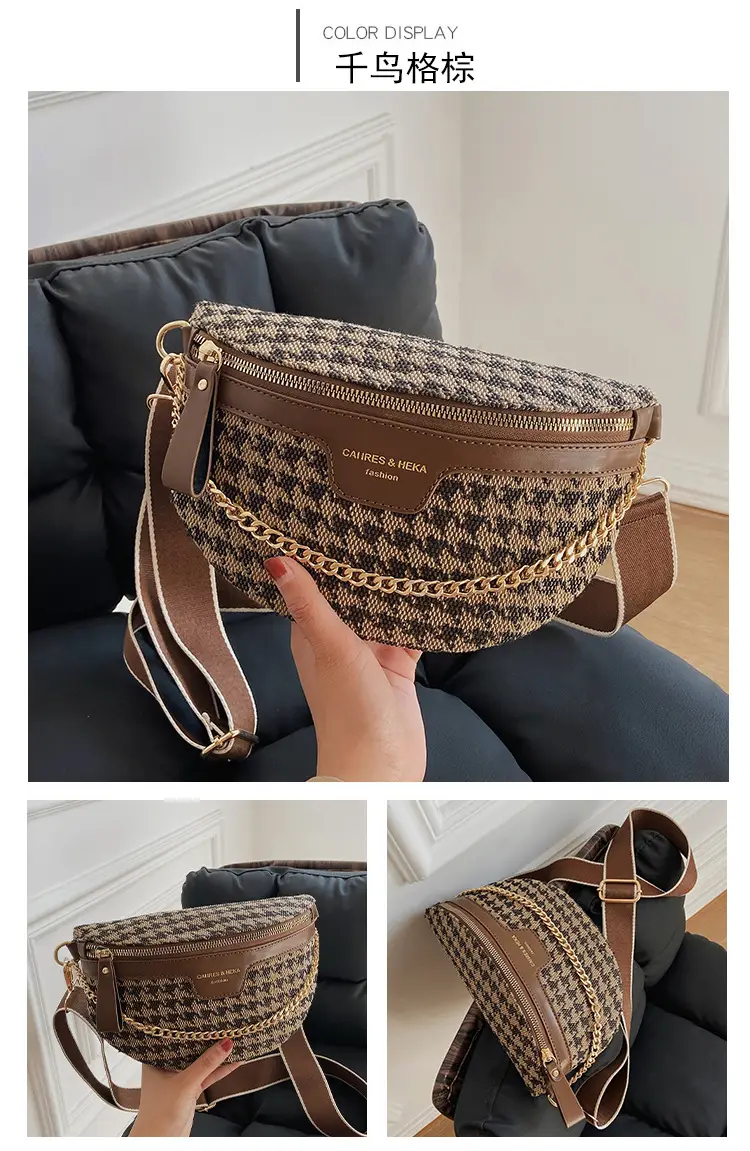 Women's Houndstooth Canvas Waist Bag with Gold Chain — feature 19