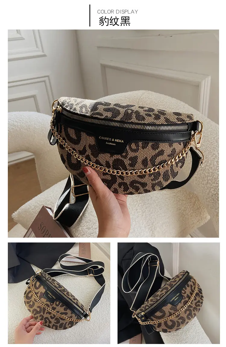 Women's Houndstooth Canvas Waist Bag with Gold Chain — feature 21