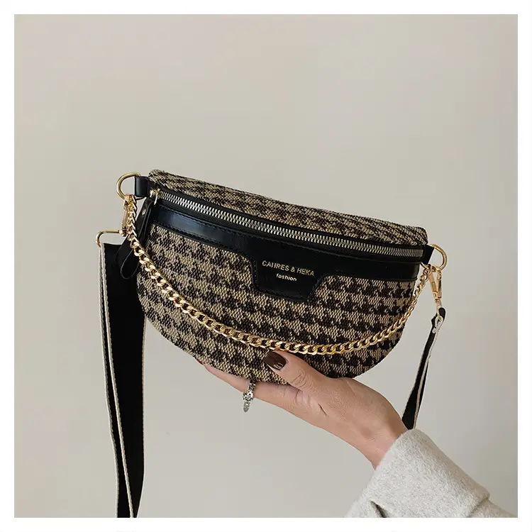 Women's Houndstooth Canvas Waist Bag with Gold Chain — feature 23
