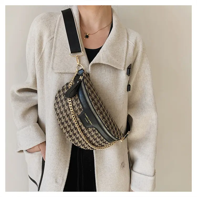 Women's Houndstooth Canvas Waist Bag with Gold Chain — feature 24