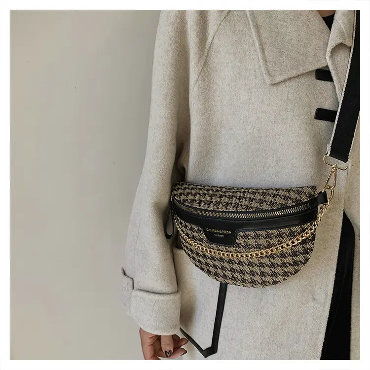 Women's Houndstooth Canvas Waist Bag with Gold Chain — feature 25
