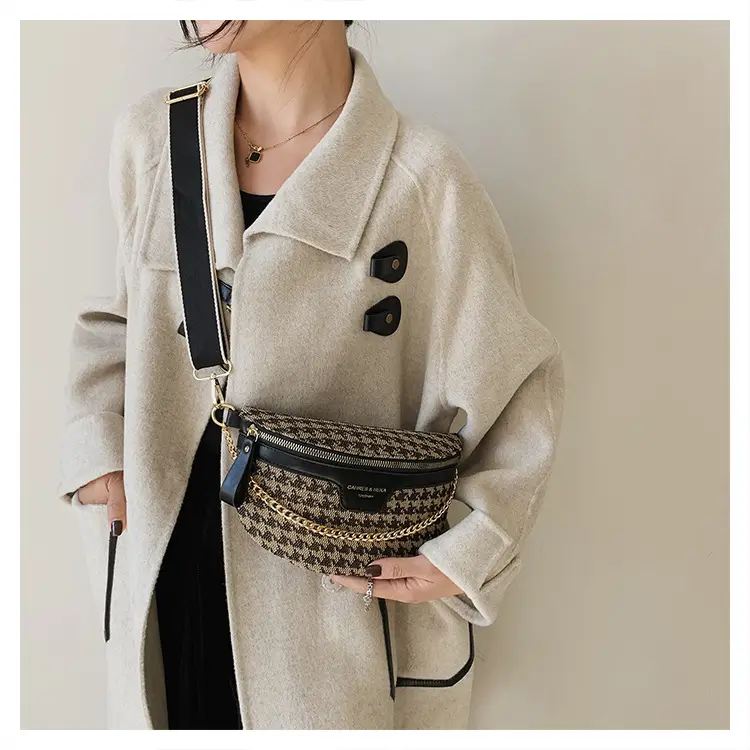 Women's Houndstooth Canvas Waist Bag with Gold Chain — feature 27