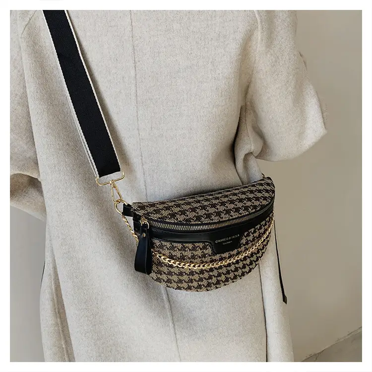Women's Houndstooth Canvas Waist Bag with Gold Chain — feature 28