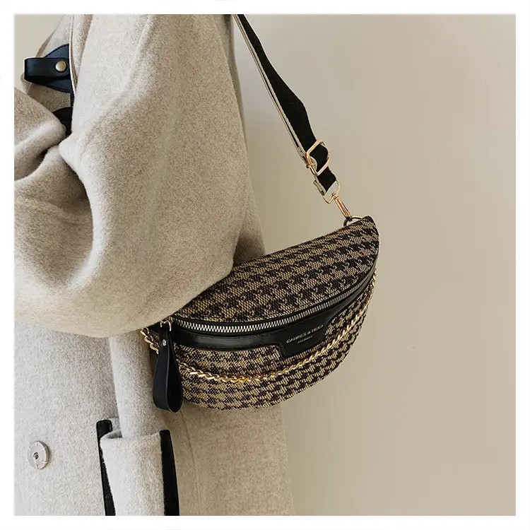 Women's Houndstooth Canvas Waist Bag with Gold Chain — feature 31