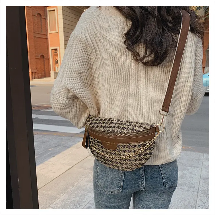 Women's Houndstooth Canvas Waist Bag with Gold Chain — feature 37
