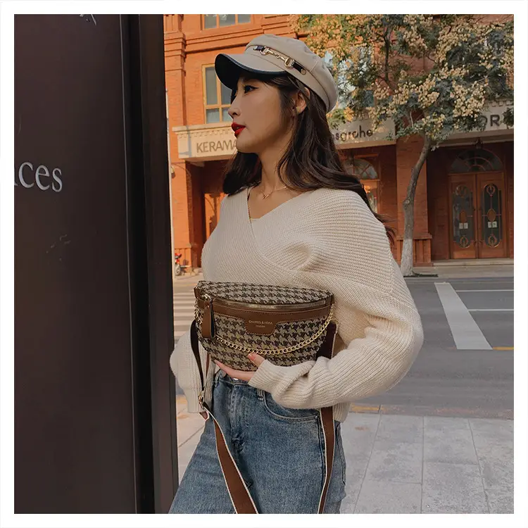 Women's Houndstooth Canvas Waist Bag with Gold Chain — feature 44