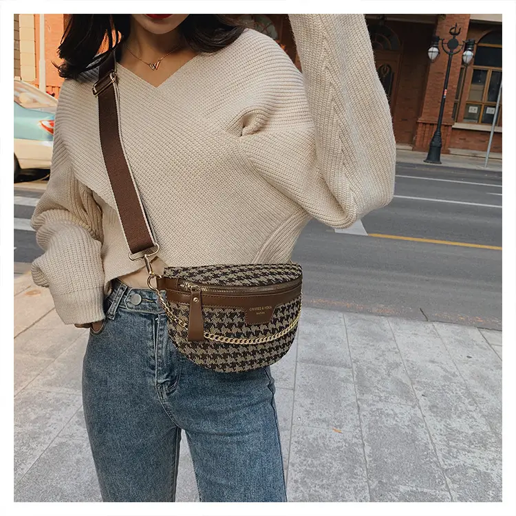 Women's Houndstooth Canvas Waist Bag with Gold Chain — feature 45