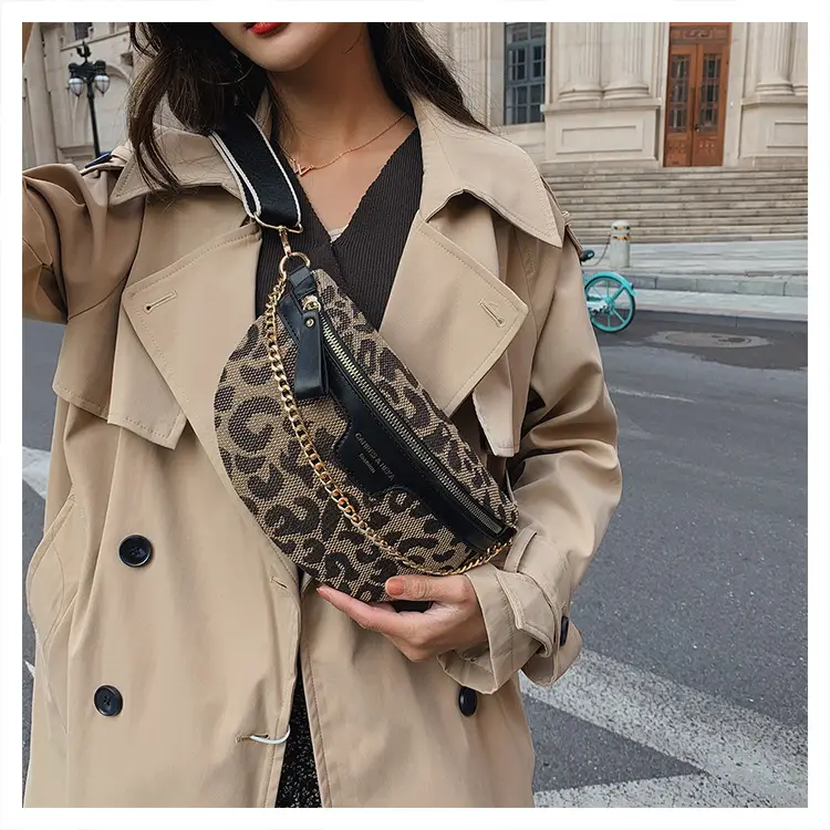 Women's Houndstooth Canvas Waist Bag with Gold Chain — feature 47