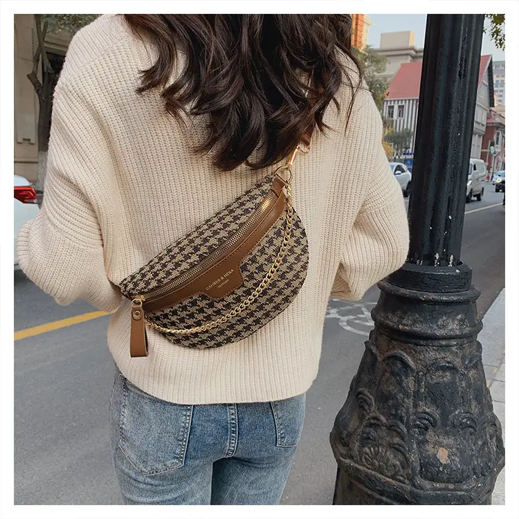 Women's Houndstooth Canvas Waist Bag with Gold Chain — feature 48