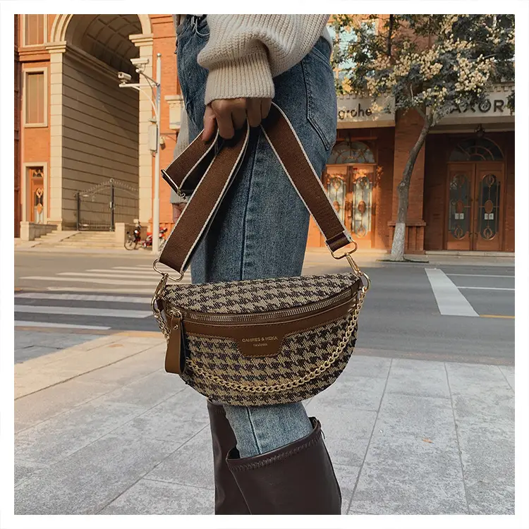 Women's Houndstooth Canvas Waist Bag with Gold Chain — feature 49